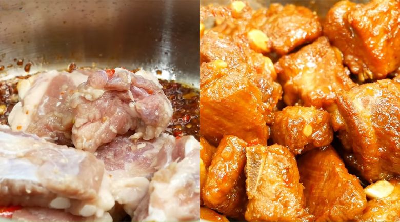 Kho sườn trên lửa nhỏ cho đến khi miếng sườn săn, mềm, đậm đà