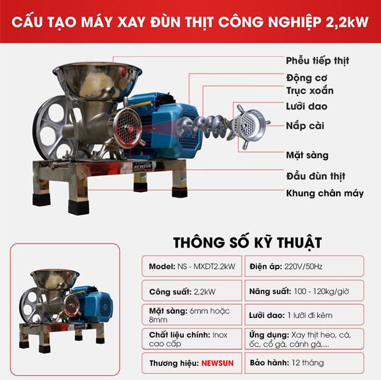 Cấu tạo máy xay đùn thịt công nghiệp 2,2kW MXDT2-2KW Cấu tạo máy xay đùn thịt công nghiệp 2,2kW MXDT2-2KW
