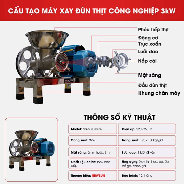 Cấu tạo máy xay đùn thịt công nghiệp 3kW MXDT3KW