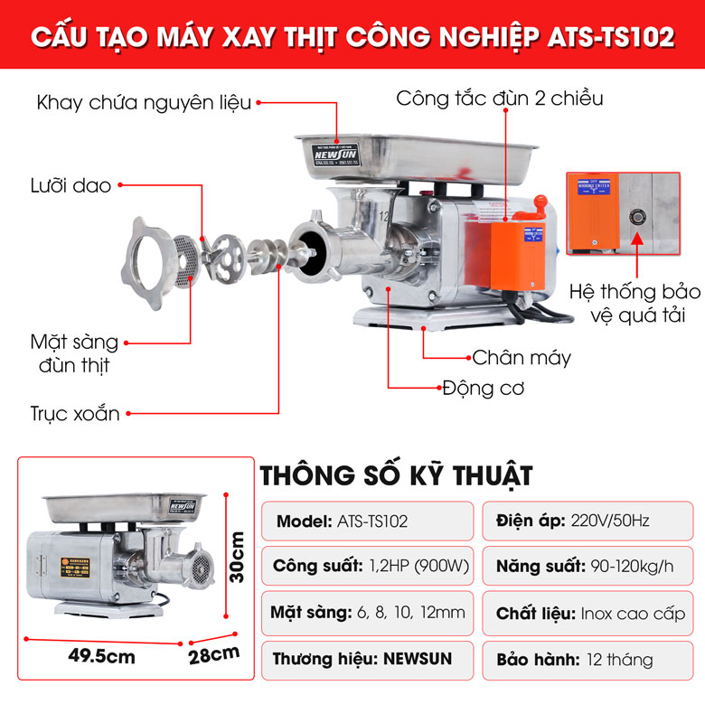 Cấu tạo máy xay thịt công nghiệp ATS-TS102 Cấu tạo máy xay thịt công nghiệp ATS-TS102