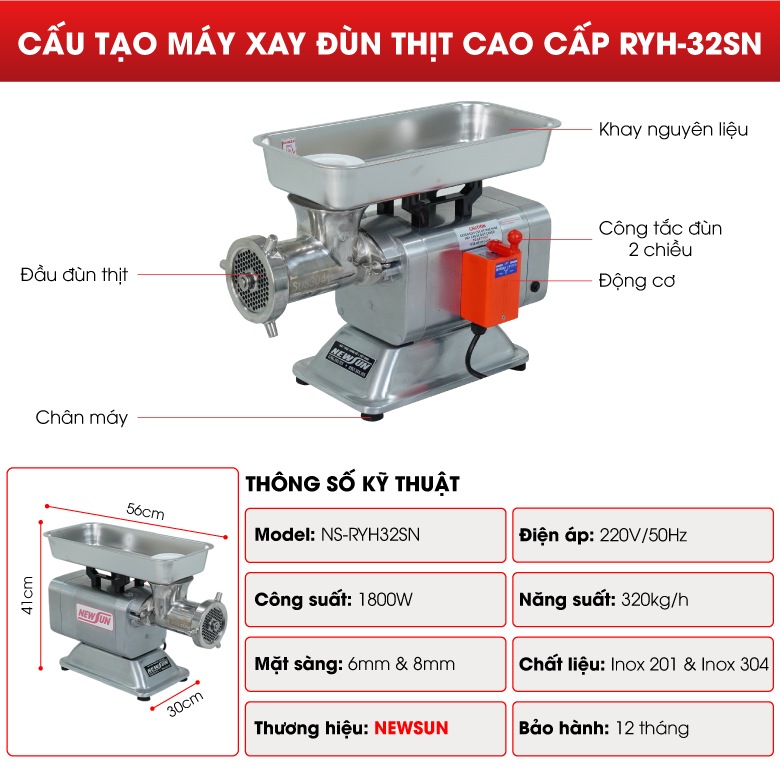 Cấu tạo máy xay đùn thịt RYH-32SN
