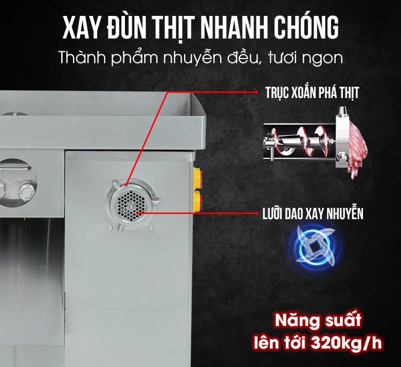Chức năng xay đùn thịt: năng suất tới 320kg/h, thành phẩm nhuyễn đều, tươi ngon Chức năng xay đùn thịt: năng suất tới 320kg/h, thành phẩm nhuyễn đều, tươi ngon