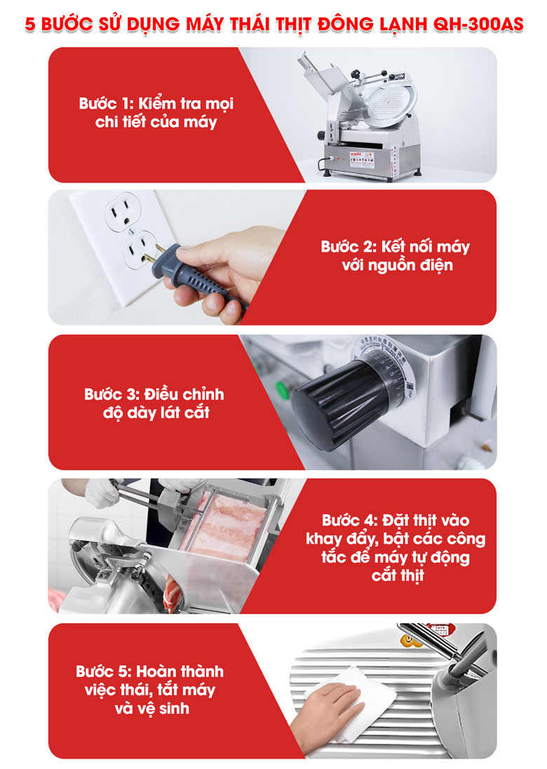 Máy thái thịt se lạnh tự động QH-300AS 5 bước sử dụng máy thái thịt đông lạnh QH-300AS