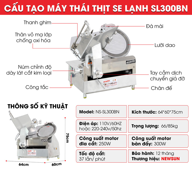 Máy thái thịt se lạnh SL300BN bản cao cấp Chi tiết cấu tạo của máy thái thịt se lạnh SL300BN