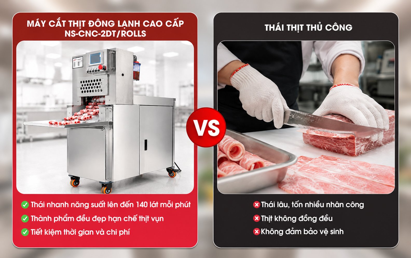 Máy cắt thịt đông lạnh cao cấp CNC-2DT/ROLLS Tác dụng của máy cắt thịt đông lạnh cao cấp CNC-2DT/ROLLS
